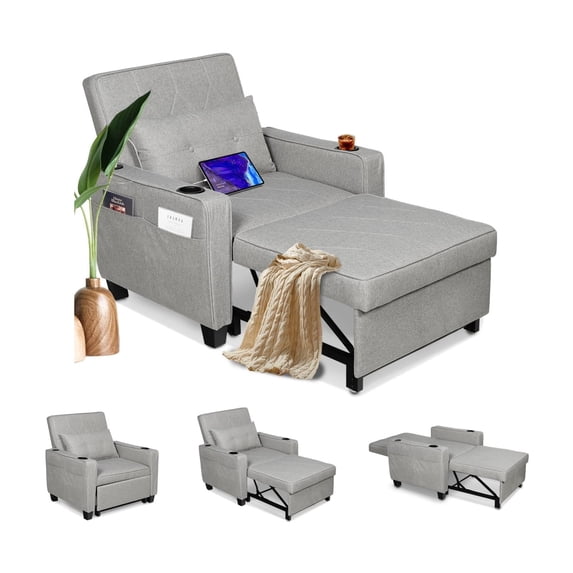 Coewske 3 in 1 Convertible Sofa Bed Chair Sleeper Recliner w/ Adjustable Backrest & Pillow Gray