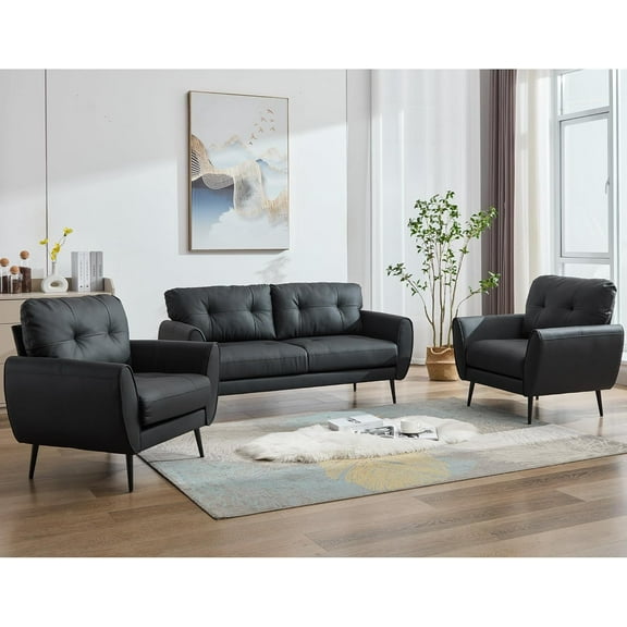 Coewske 3PCS Faux  Leather Sofa Set Loveseat Couch & 2 Chairs for Living Room Small Space Black