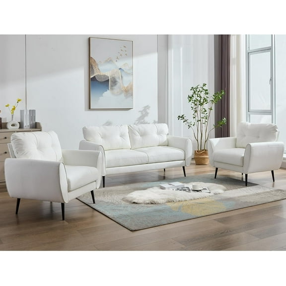 Coewske 3PCS Faux Leather Sofa Set Loveseat Couch & 2 Chairs for Living Room Small Space White
