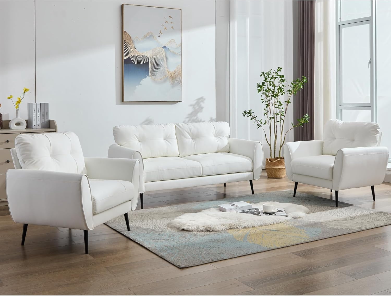 Coewske 3PCS Faux Leather Sofa Set Loveseat Couch & 2 Chairs for Living Room Small Space White