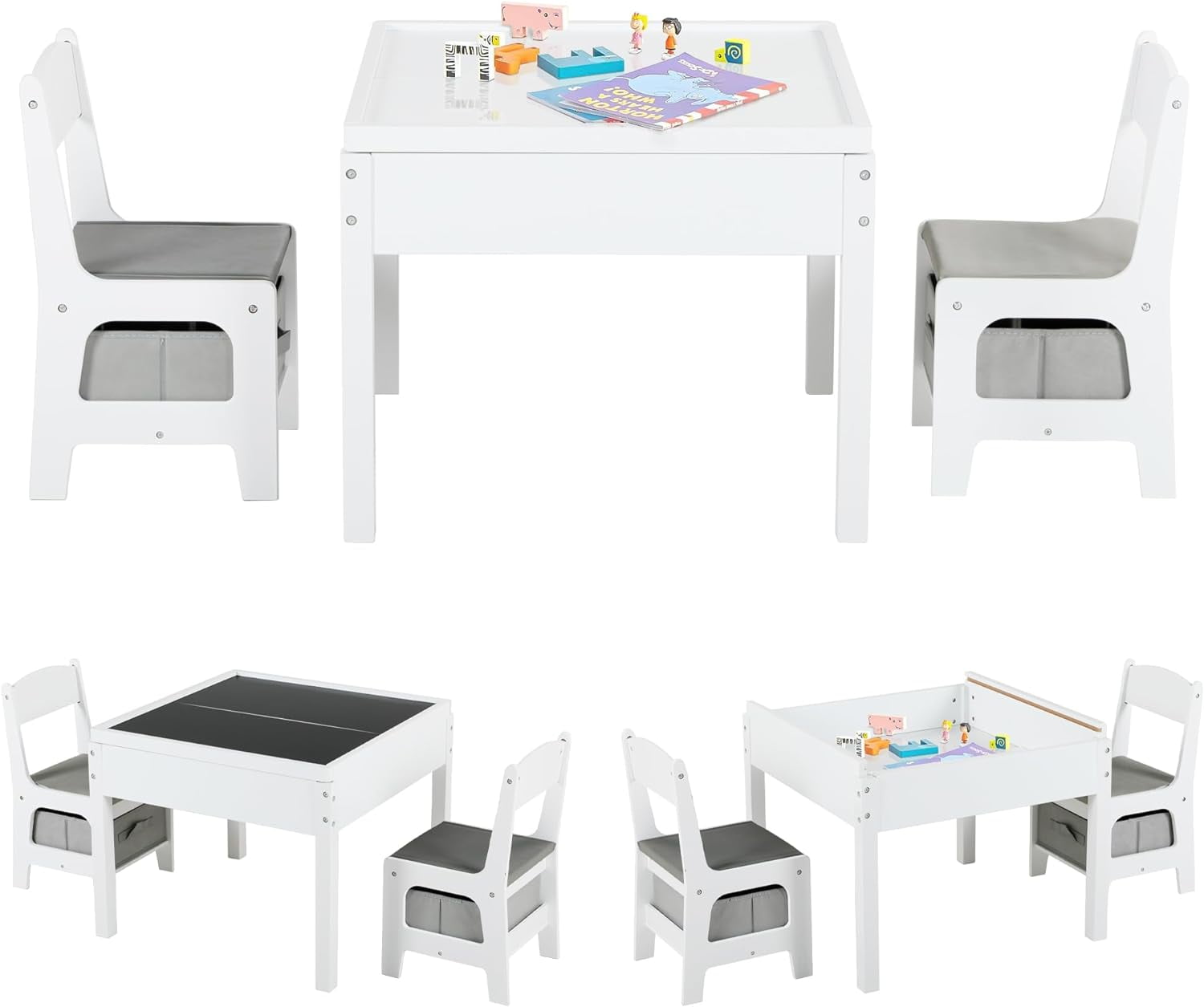 Coewske 4 in 1 Kids Table and Chairs Set, Wood, Reversible Tabletop ...
