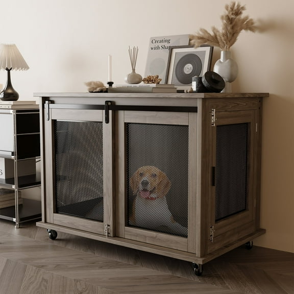 Coewske 40” Wooden Indoor Dog Kennel Furniture with Sliding Doors & Wheels – Stylish Large Pet House for Dogs