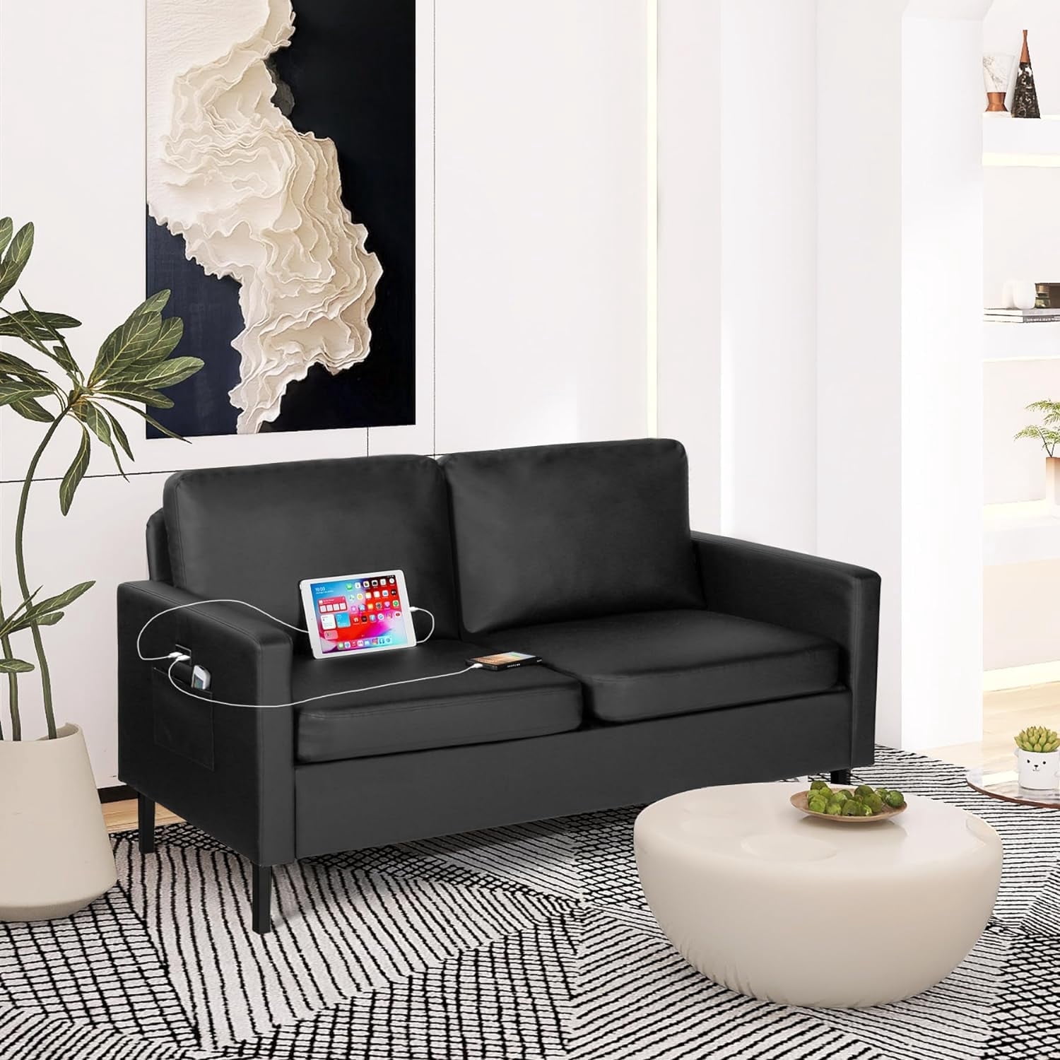 Coewske 56'' Faux Leather Loveseat Sofa Comfy 2-Seat Couch w/ 2 USB ...