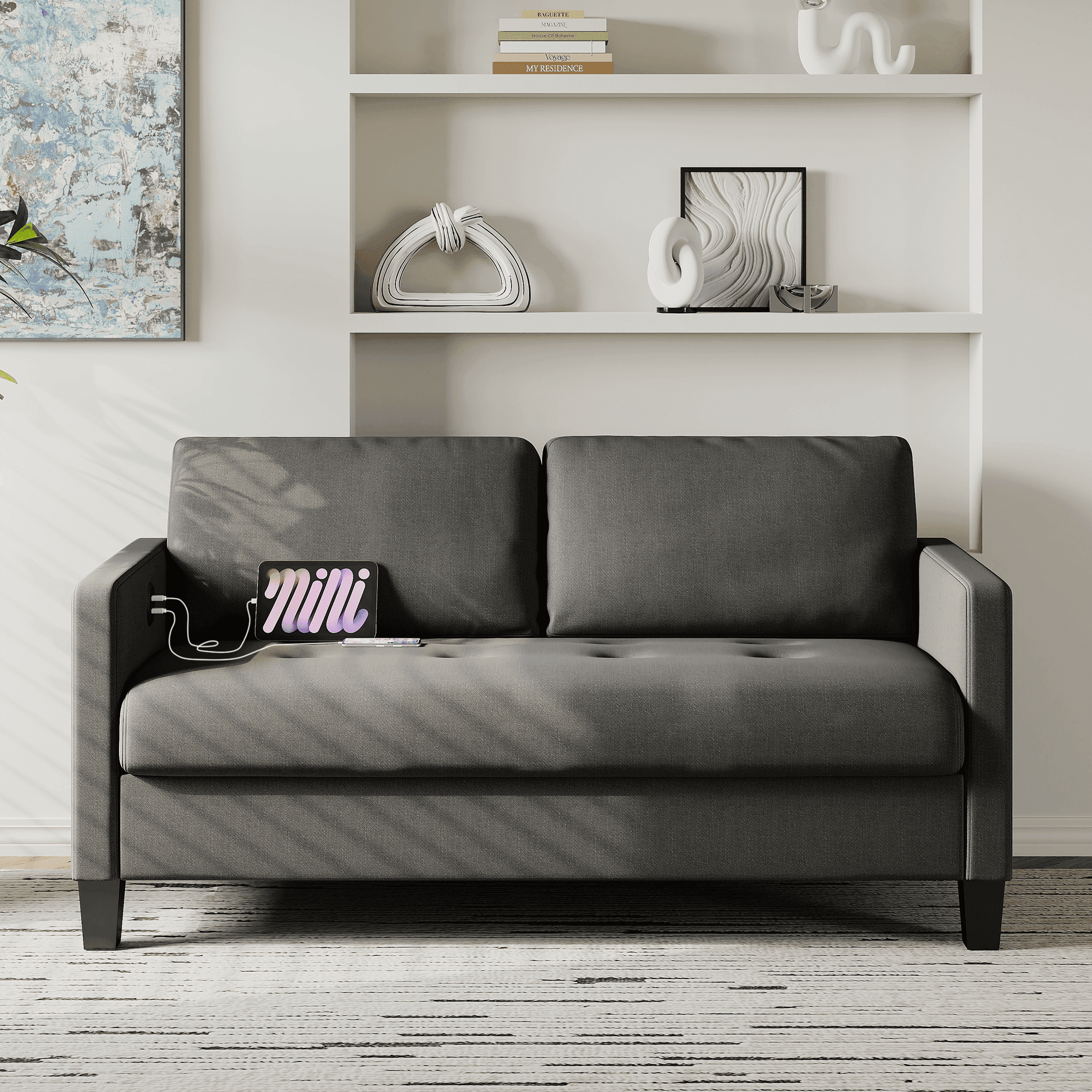 Coewske 57"W Comfy Loveseat Sofa with USB 2 Seater Tufted Deep Love Seat Couches, Dark Grey