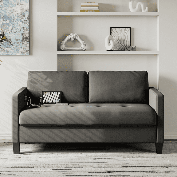 Coewske 57"W Comfy Loveseat Sofa with USB 2 Seater Tufted Deep Love Seat Couches, Dark Grey