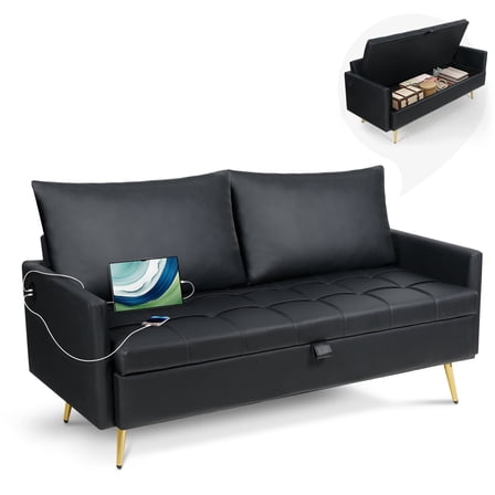 Coewske 60'' W Faux Leather Loveseat Sofa Couch w/ Storage Space & 2 USB Charging Ports Black