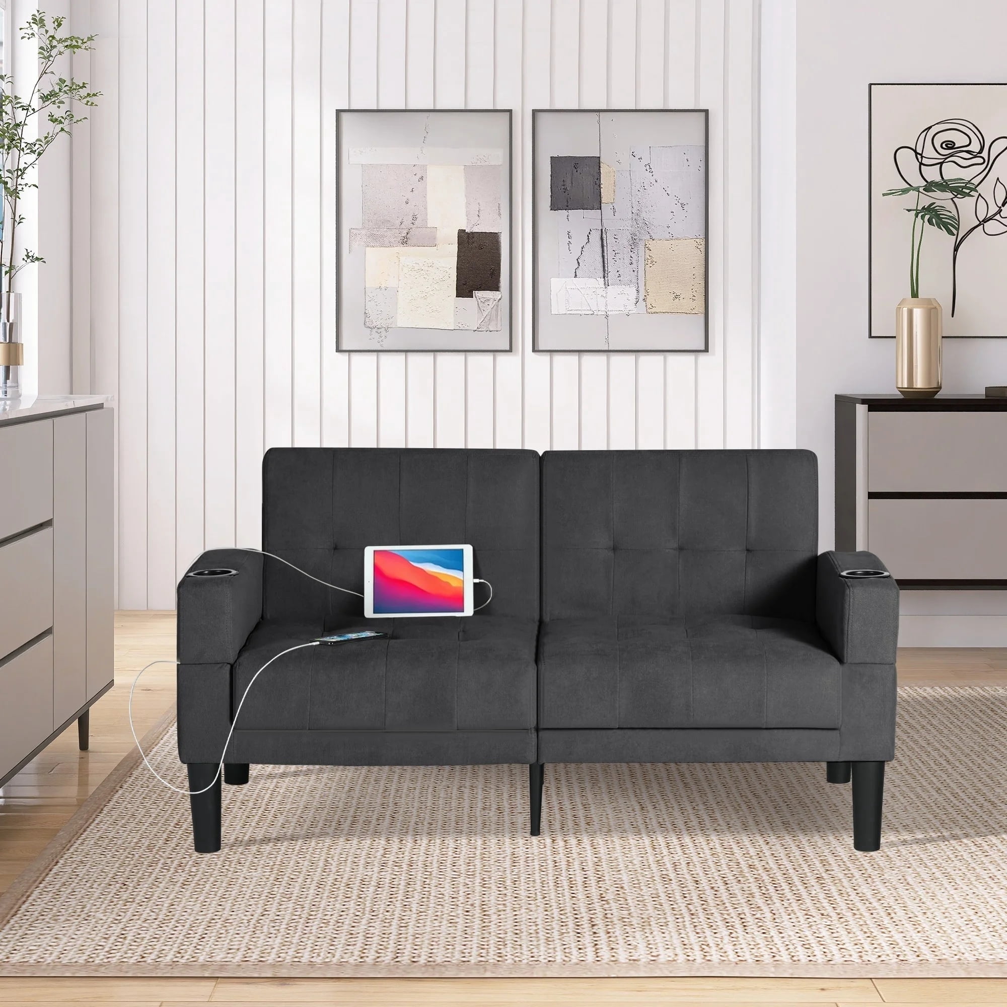Coewske 62''W Fabric Tufted Sofa Couch Tufted Loveseat w/ 2 USB Charger Ports & Cup Holders, Dark Gray