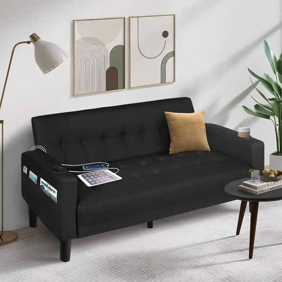 Coewske 62''W Faux Leather Sofa Couch Tufted Loveseat w/ 2 USB Charger Ports & Cup Holders Black