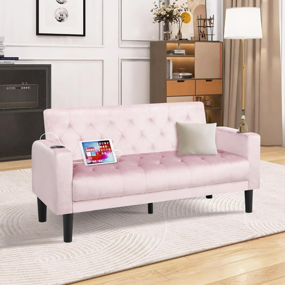 Coewske 62''W Tufted Linen Fabric Sofa Couch Loveseat w/ 2 USB Charger Ports & Cup Holders Pink