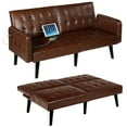thumbnail image 1 of Coewske 63'' Faux Leather Convertible Futon Sofa Bed Sleeper Tufted Folding Couch w/ 2 USB Ports Brown, 1 of 7