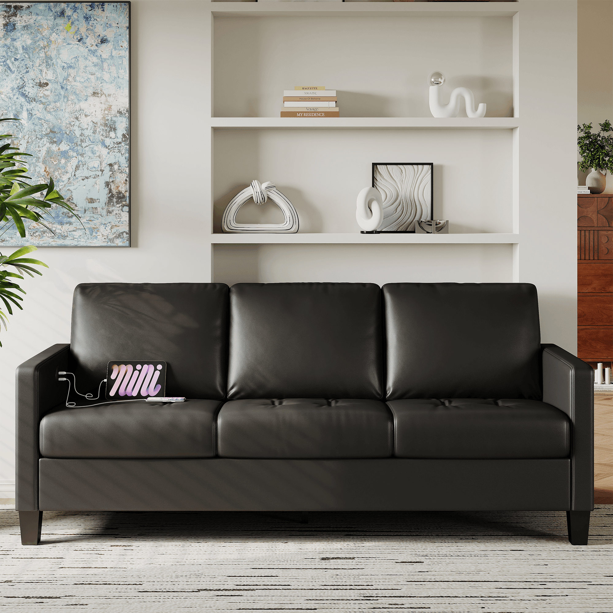 Coewske 72" W PU Leather 3 Seater Couch Sofa with USB Ports for Living Room Apartment Bedroom, Black