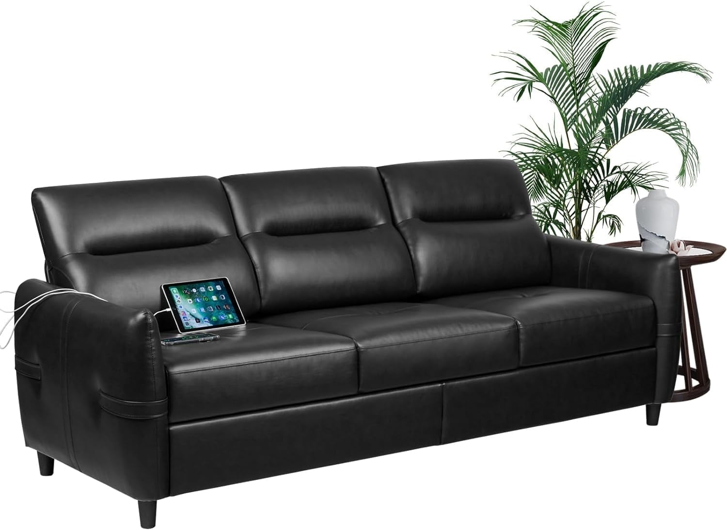 Coewske 85''W 3-Seater Modern Faux Leather Sofa Couch Living Room Office w/ USB Ports Black