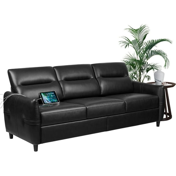 Coewske 85''W 3-Seater Modern Faux Leather Sofa Couch Living Room Office w/ USB Ports Black