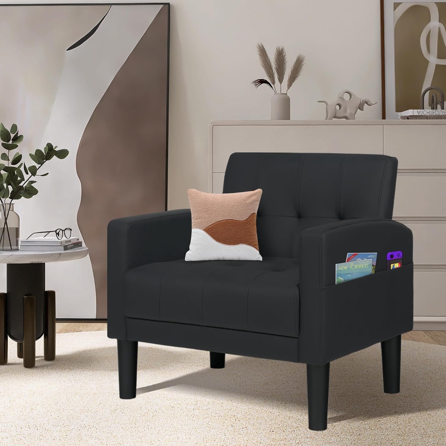 Coewske Faux Leather Modern Accent Chair Tufted Cozy Single Sofa Chair Armchair w/ Side Pocket Black