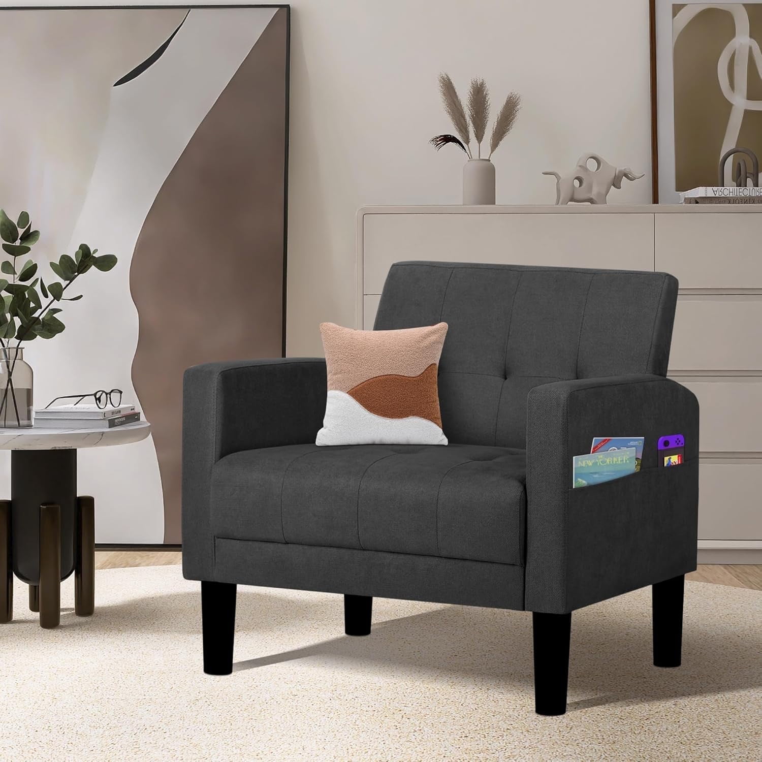 Coewske Mid-Century Fabric Tufted Accent Chair for Office, Living Room, Dark Grey