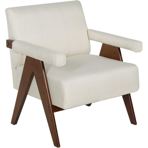 Coewske Modern Comfy Accent Chair Linen Frbric Comfy Leisure Arm Chair w/ Wood Frame Home Office Beige