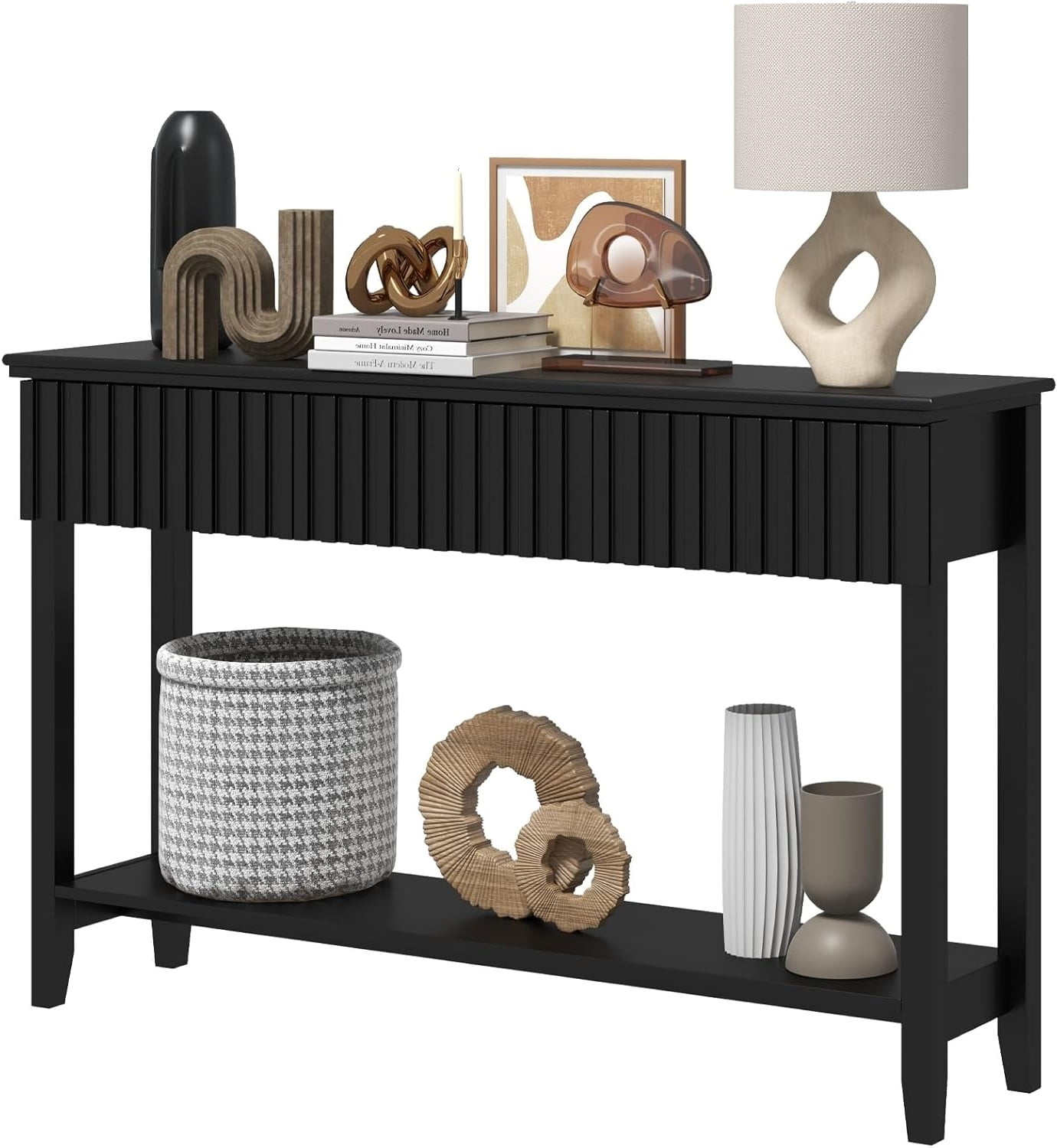 Coewske Narrow Console Table Painted Wood Long Sofa Entryway Table w/ 3 Drawers & Open Shelf Black