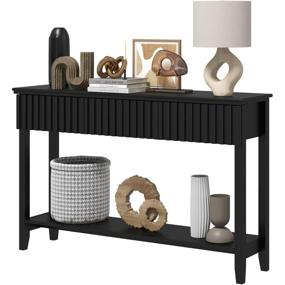 Coewske Narrow Console Table Painted Wood Long Sofa Entryway Table w/ 3 Drawers & Open Shelf Black