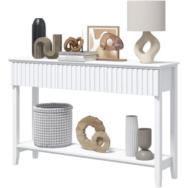 Coewske Narrow Console Table Painted Wood Long Sofa Entryway Table w/ 3 Drawers & Open Shelf White