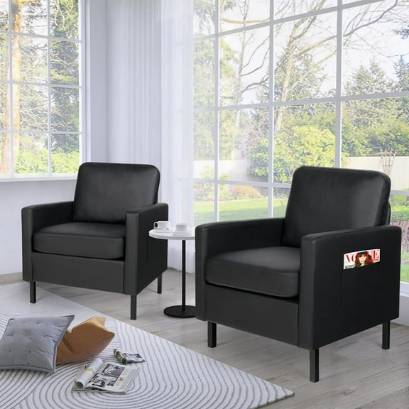 Coewske Set of 2 Faux Leather Accent Chair Modern Single Sofa Chair Armchair w/ Side Pockets Black