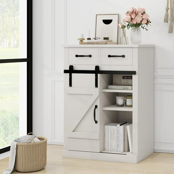 Coewske Wood Storage Cabinet with Sliding Barn Door Kitchen Sideboard Dark, White