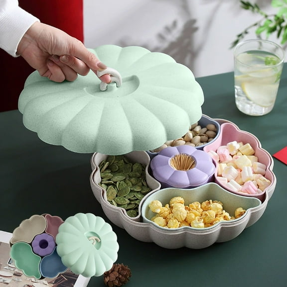 CofeeMO Pumpkin Snack Tray, Versatile Party Bowl with Removable Compartments and Lid, Divided Serving Dishes for Fruits, Nuts, Candy, Appetizer, Snacks, Green