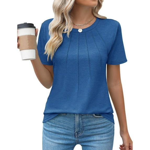 Coferset Casual Crew Neck Short Sleeve Pleated Shirts Blouses Womens Summer Tops Women Pleated Tunic Loose T-Shirts