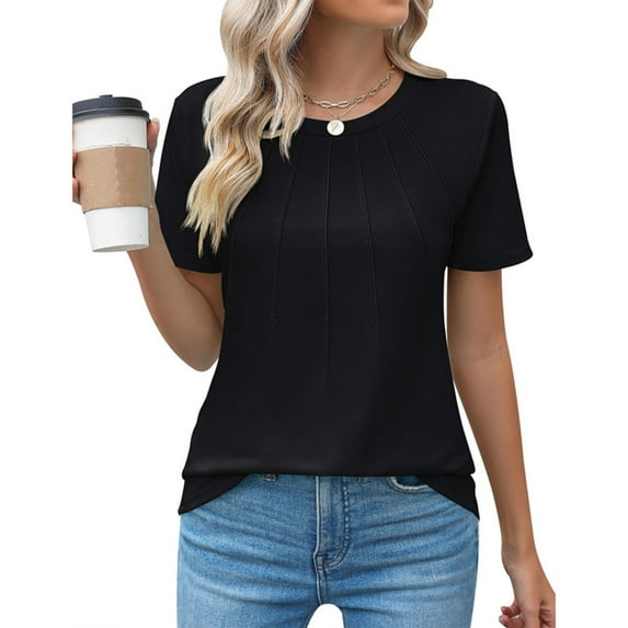 Coferset Casual Crew Neck Short Sleeve Pleated Shirts Blouses Womens Summer Tops Women Pleated Tunic Loose T-Shirts