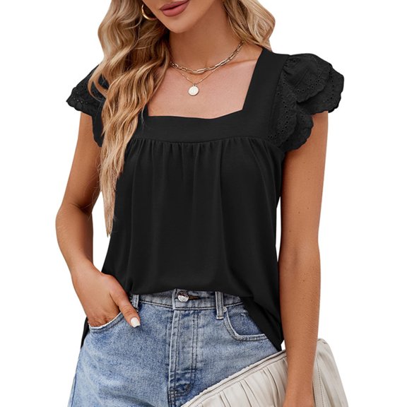 Coferset Casual Tops Women Square Neck Lace Short Sleeve Ladies Blouse Women Summer Tops