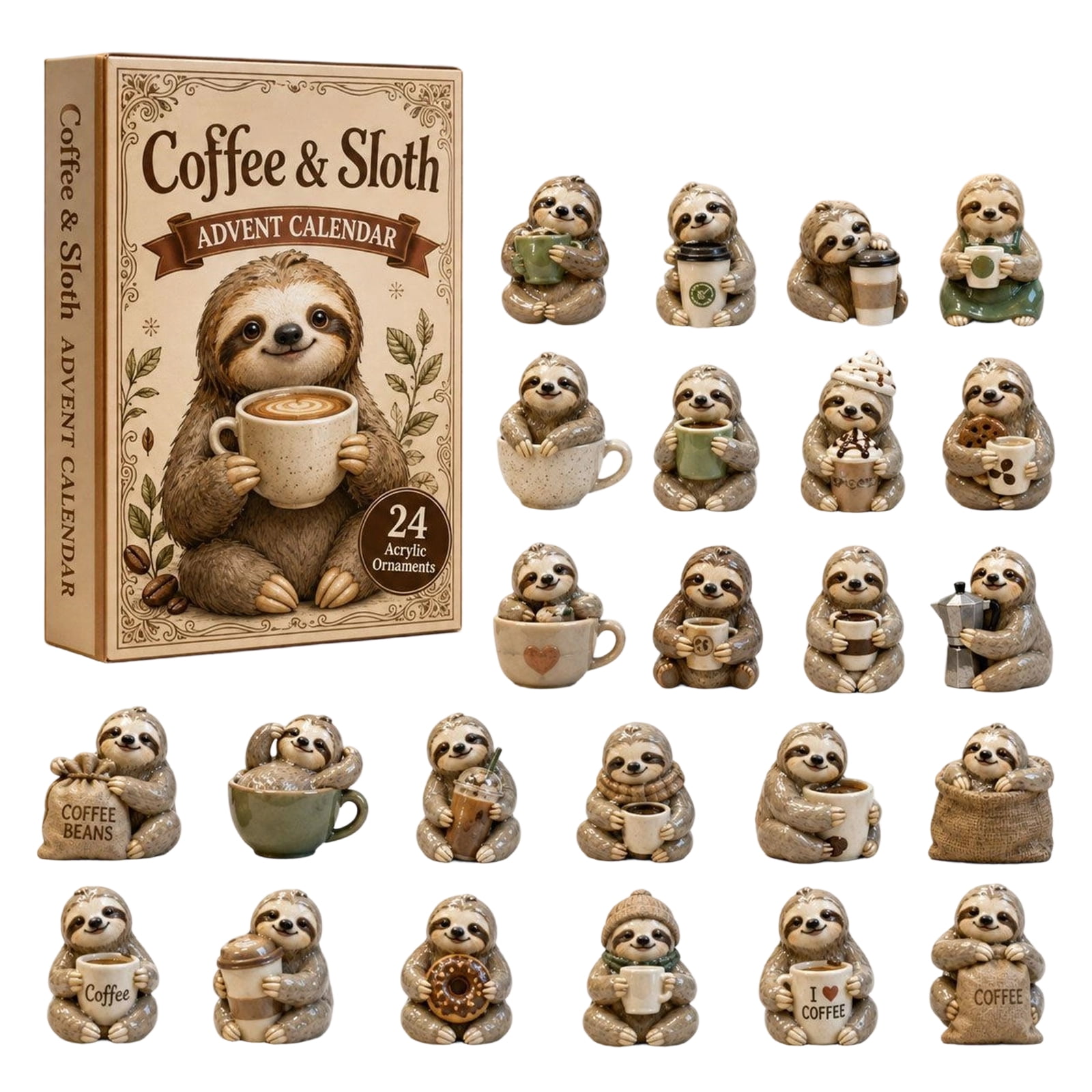 Coffe & Sloth Advent Calendar 2026, 24 PCS 2D Flat Christmas Ornaments ...