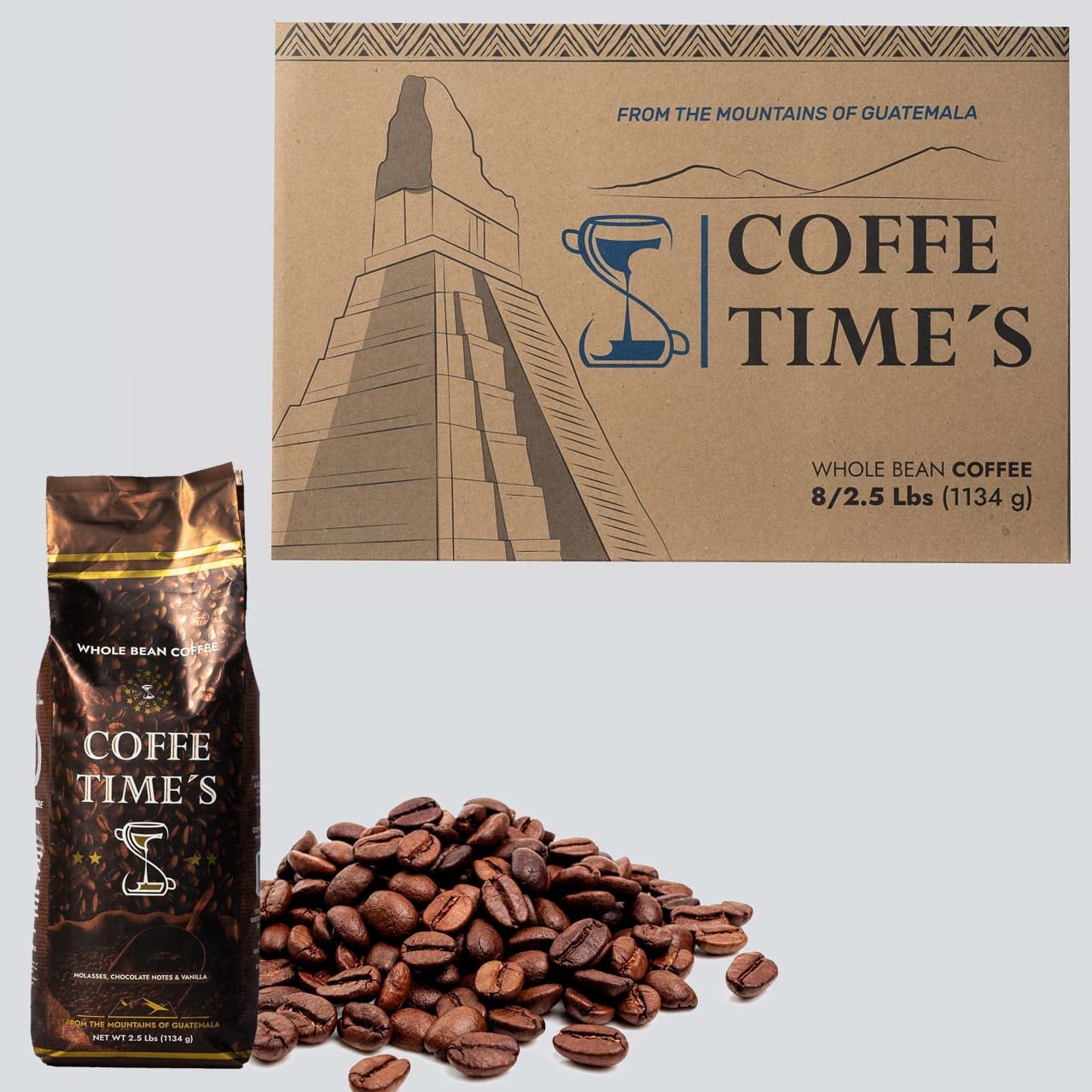 Coffe Times, Whole Bean Coffee Packets, Dark Roast - Strong Body, Coffee with Flavor notes of Molasses, Chocolate and Vanilla, (2.5 lb bags, Pack of 8 units)