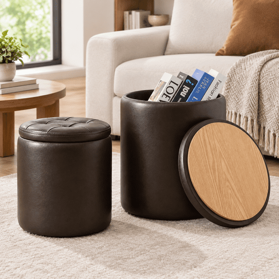 Coffee 14.8"D x 14.8"W x 17.3"H 2-in-1 Nesting Storage Ottoman Set