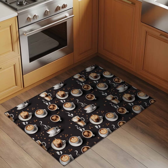 Coffee 2x3 Rug for Entryway Front Door Kitchen Sink Area, Vintage Watercolor Hot Coffee Cups Beans Black Low Pile Washable Non Slip Rectangle Area Rug