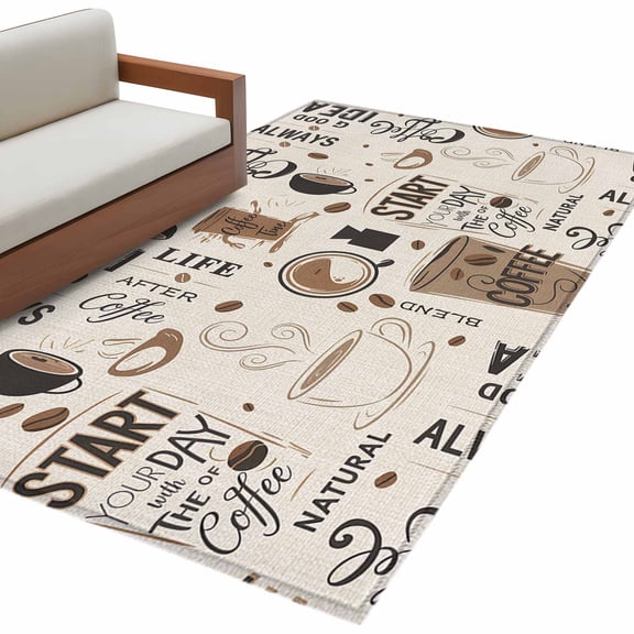 Coffee 3'x5' Washable Rug, Brown Beans Cup Dessert Drink Monochrome Non-Slip Area Rugs for Entryway Kitchen Classroom, Dorm Throw Carpet, Low Pile Soft Indoor Floor Mat