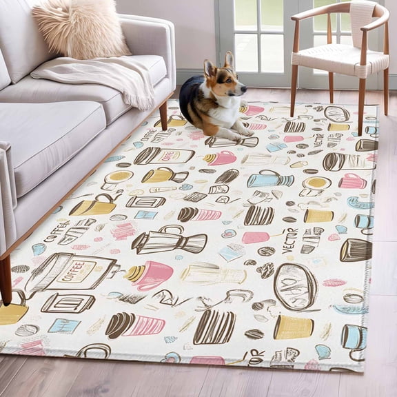 Coffee 4x6 Area Rugs for Living Room, Cartoon Modern Hand Painted Non Slip Floor Mat Washable Low-Profile Indoor Carpet for Bedroom, Dining Room, Bathroom