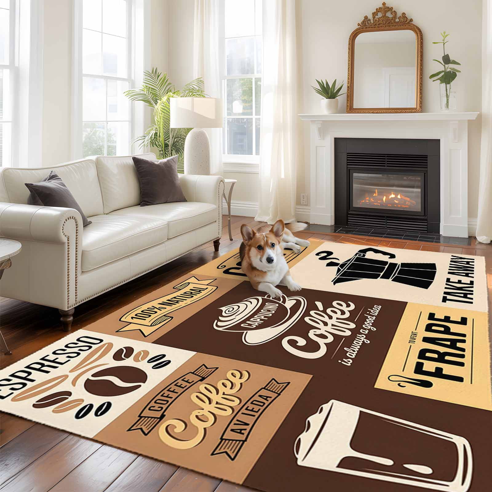 Coffee Room Rug Coffee 5x8 Rug for Bedroom Under Queen Bed Placement, Coffee Beans Cup ...