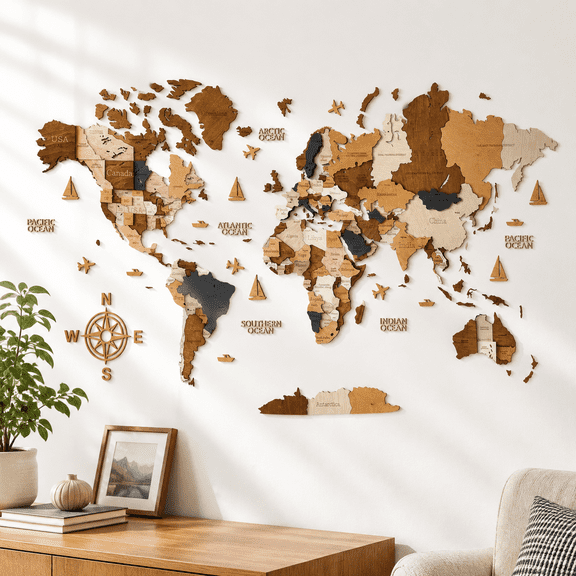 Coffee 63"L x 33.5"W Wooden 3D World Map Wall Sculpture for Home Kitchen Office