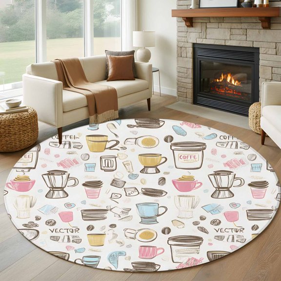 Coffee 8FT Round Area Rugs for Living Room Cartoon Modern Hand Painted Ultra-Thin Non-Slip Round Rugs Machine Washable Low Pile Circle Carpet for Bedroom Kitchen Nursery