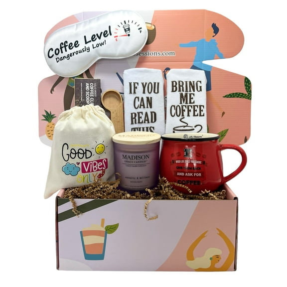 Coffee Accessory Gift Set for Women and Men- Packed with Fun & Unique Coffee Themed Gifts for Coffee Lovers by Silly Obsessions. Birthday Coffee Gift Basket for Mom and Dad, Daughter and Son