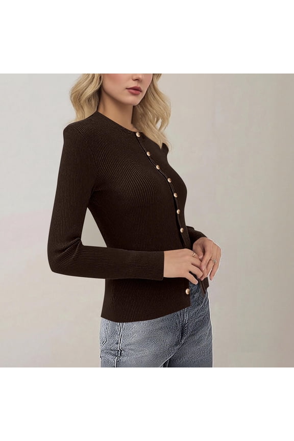 Coffee Acrylic Ribbed Cardigan for Women - Slim Fit Button-Front Cropped Sweater with Scalloped Trim & Long Sleeves (S-XXL)