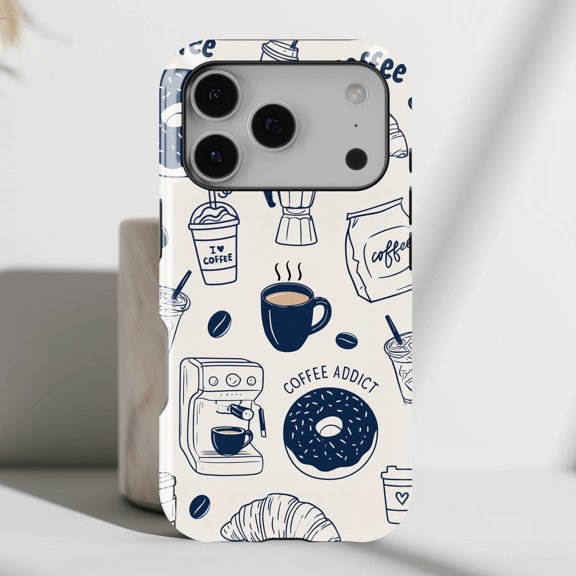 Coffee Addict Cups, Donut and Espresso Maker Navy and Cream Tough Case for Apple iPhone, Polycarbonate and TPU