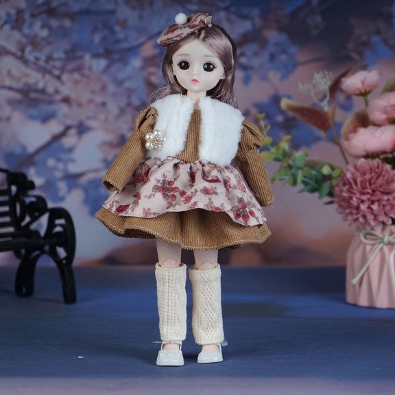 Coffee Adjustable Joints Dress Up Doll For Girls Winter Princess With Long Hair Coffee