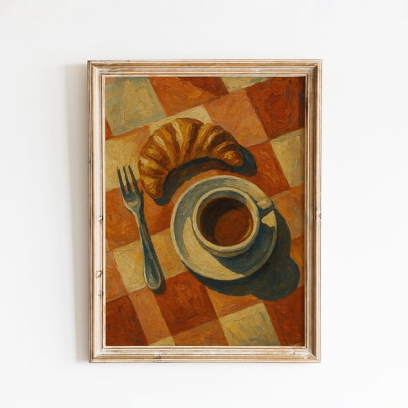 Coffee And Croissant – French Café Still Life, Warm Kitchen Wall Art Unframed Paper Print