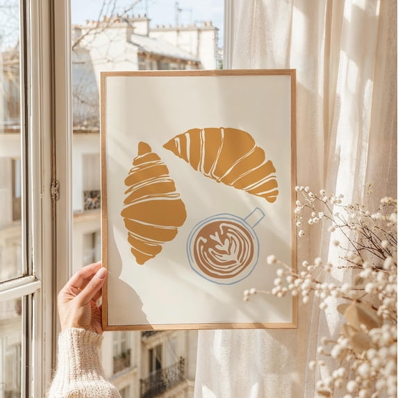 Coffee And Croissants Sketch Coffee Bar Espresso Lover Kitchen Art, Unframed Paper Poster 11x14in