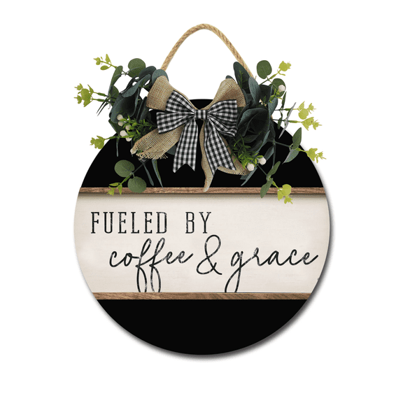 Coffee And Grace Sign Front Door Porch Decorations, Round Rustic Wood Hanging Sign for Farmhouse Porch Outdoor Home Holiday Front Door Sign Decor