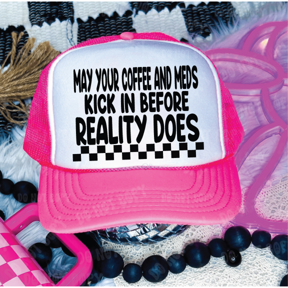 Southern Attitude Designs-Coffee And Meds Kick In Neon Pink and White Unisex Foam Trucker Hat