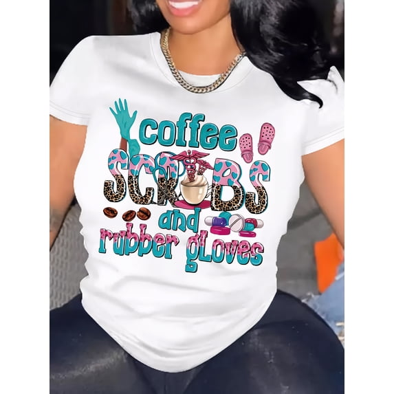Coffee And Rubber Gloves Graphic Tee for Women, Funny Nurse Medical Short Sleeve T-Shirt, Casual Crew Neck Top for Healthcare Worker Daily Wear Gift