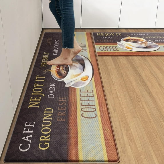 Coffee Anti-Fatigue Kitchen Rug Set of 2 Cafe Brown Retro Farmhouse Vintage Cushioned Kitchen Floor Standing Mat Waterproof Non-Slip Kitchen Mat and Rugs PVC Ergonomic Comfort Foam Rug