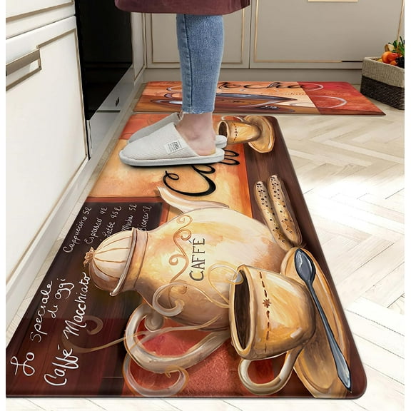 Coffee Anti Fatigue Mats pvc Kitchen Floor Red Mocha Cup Decoration Cushioned Kitchen Mats for Floor Waterproof Washable Non-Skid Standing Kitchen Mat, Set of 2,17.3 x 28+17.3 x 47 Inches, PVC