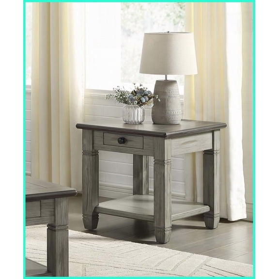 Coffee & Antique Gray Wood End Table with Dovetail Drawer & Lower Shelf  Ideal for Living Room Storage